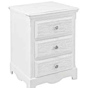 Comodino BLANC in legno bianco e 3 cassetti effetto decapato, 40x34x63,5 cm